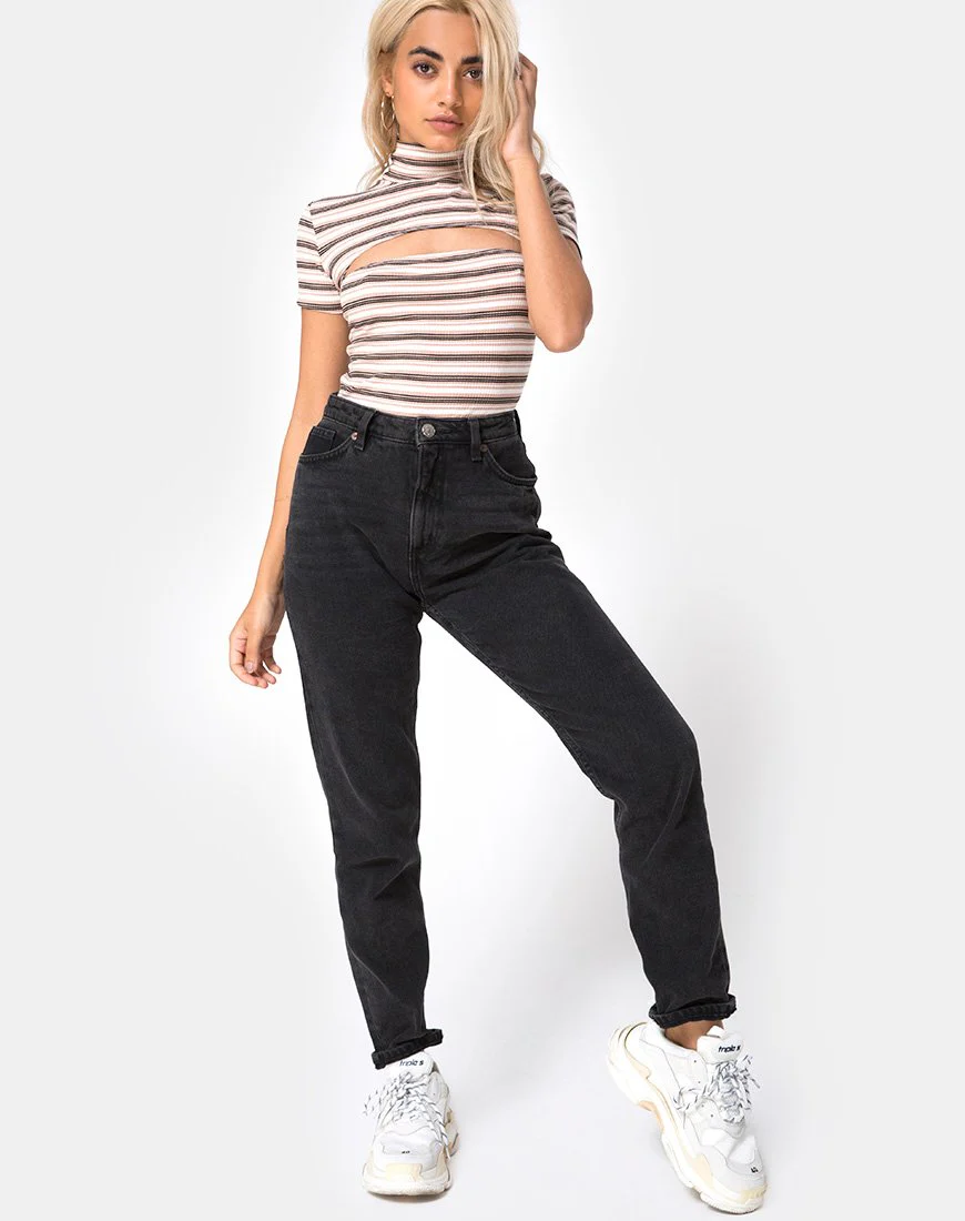 Shidi Cutout Bodice in Rib Stripe Cream Black and Tan - Image 3