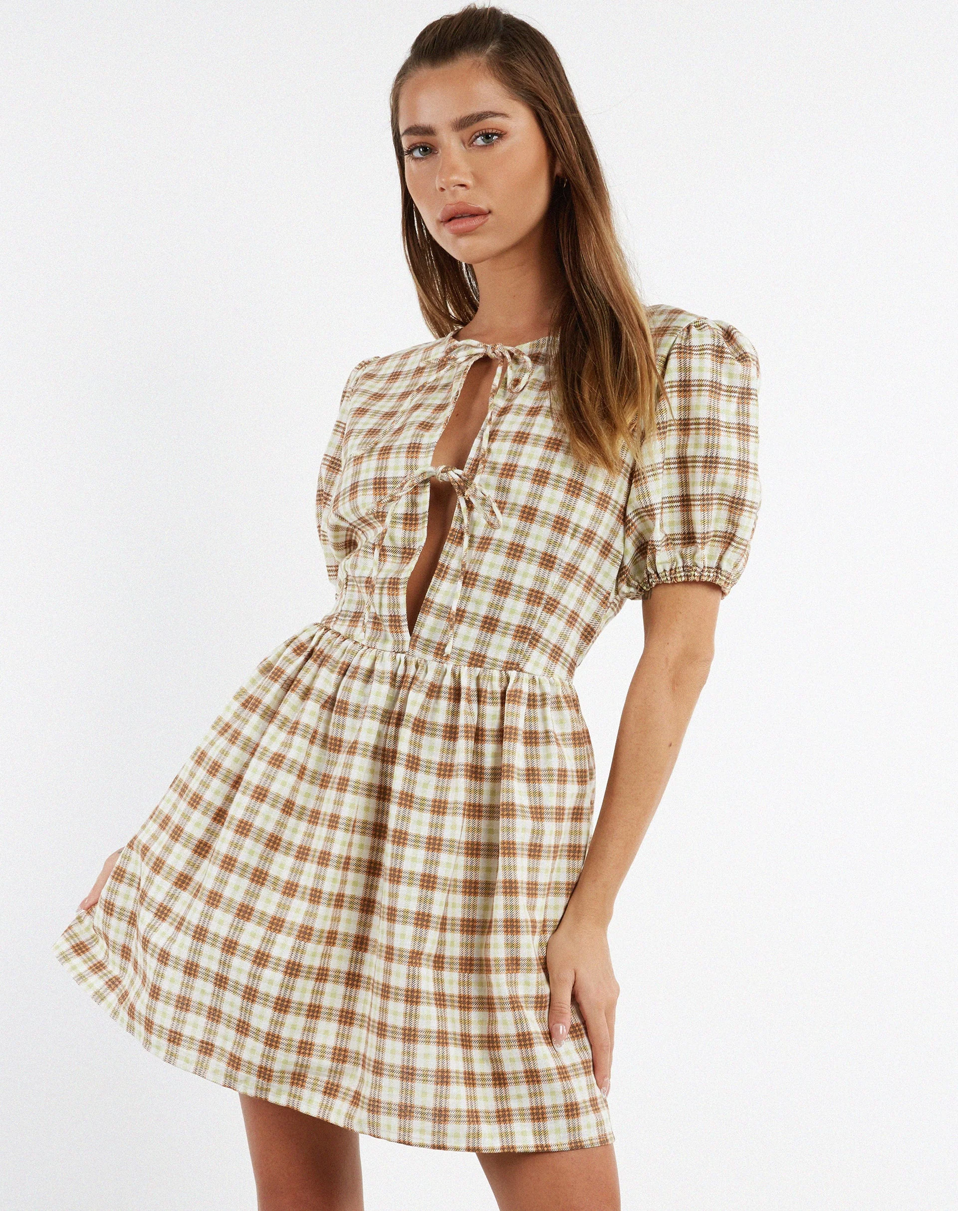 Shirley Mini Dress in Yellow Brown Check - Image 2