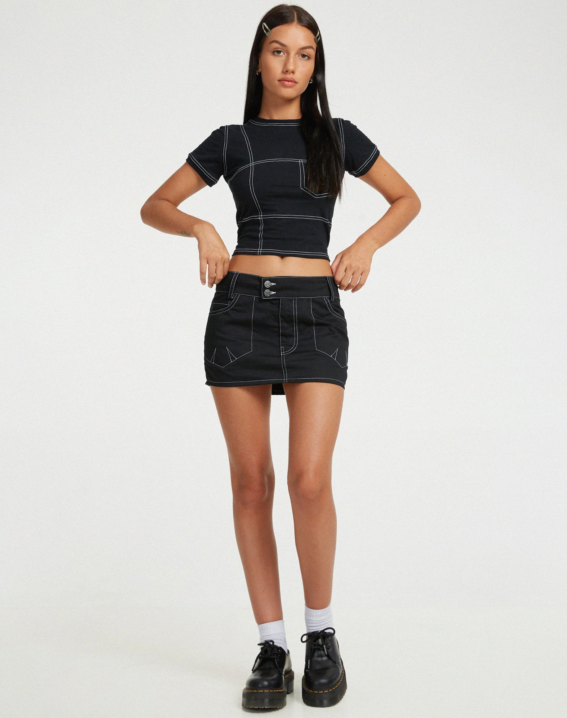 Shyla Cropped Tee in Black with White Stitch - Image 4