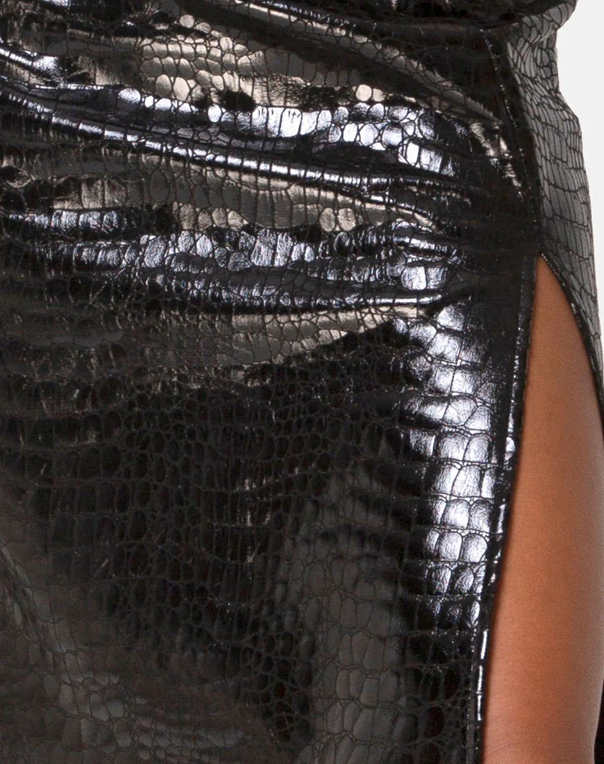 Sika Midi Skirt in PU Croco Black - Image 6