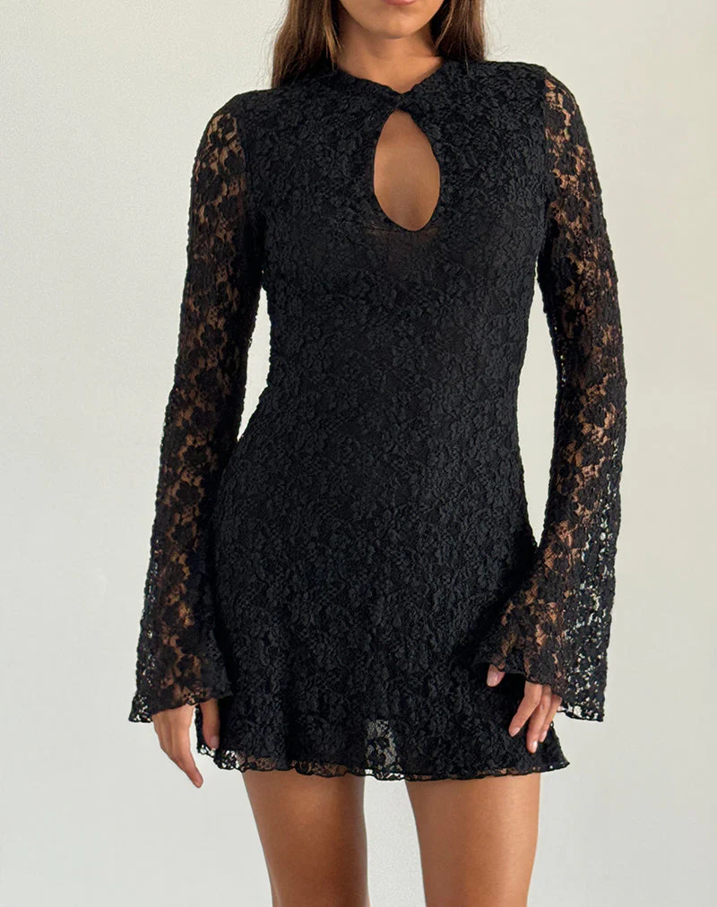 Silvanna Keyhole Mini Dress in Lace Black - Image 4