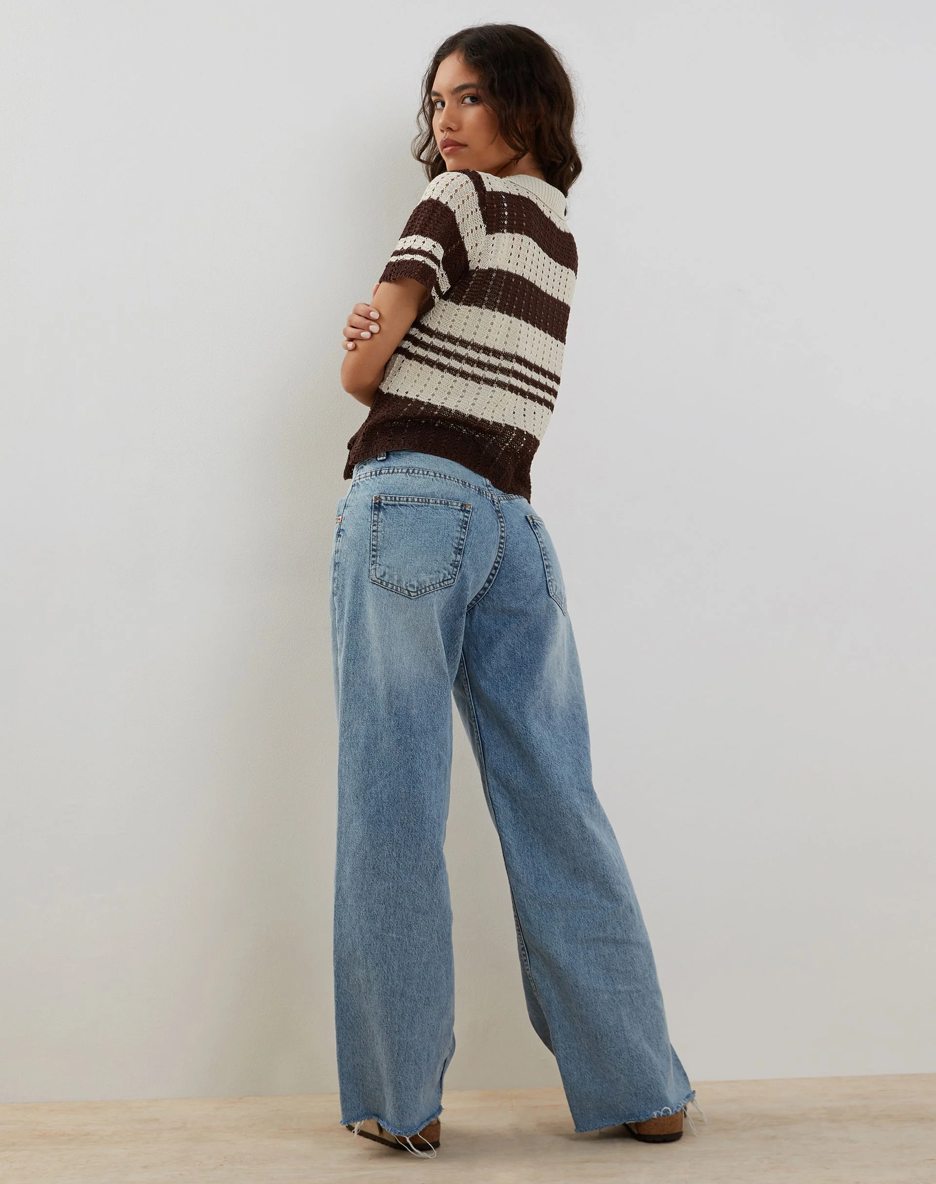 Siwi Pointelle Knitted Polo Top in Stripe Neutral - Image 4