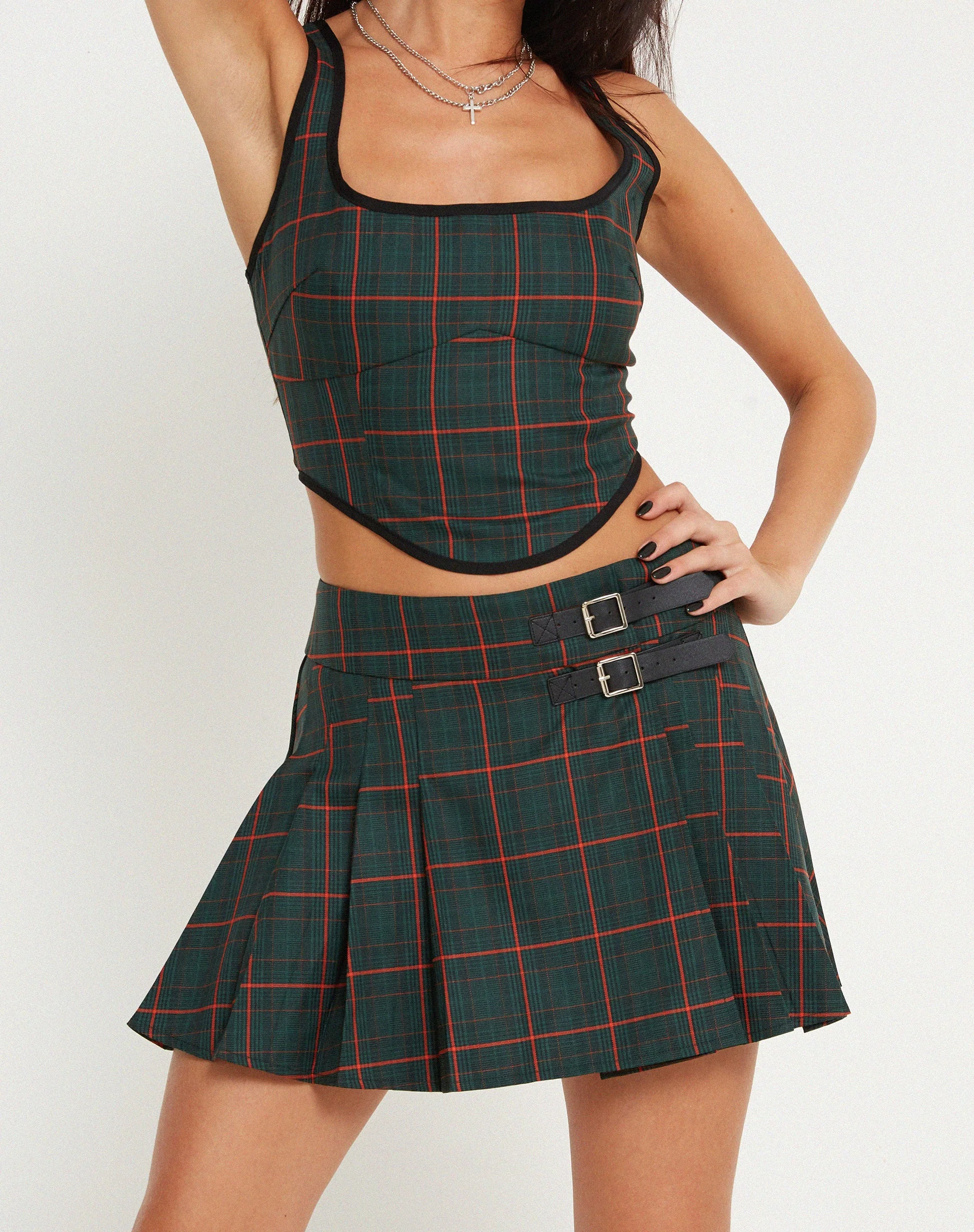 Skirza Pleated Mini Skirt in Tailoring Tartan Green - Image 4