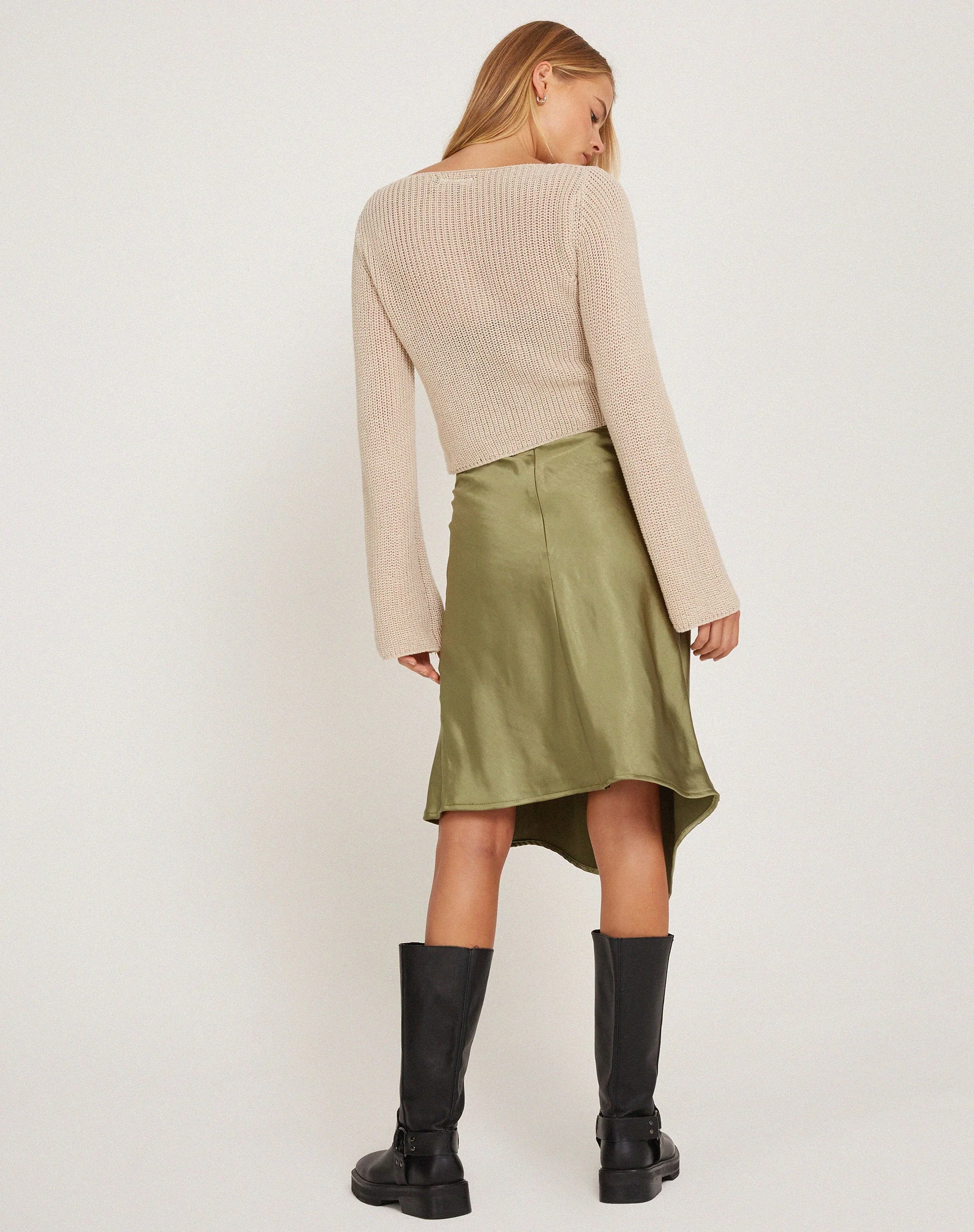 Slaza Midi Skirt in Satin Olive - Image 5