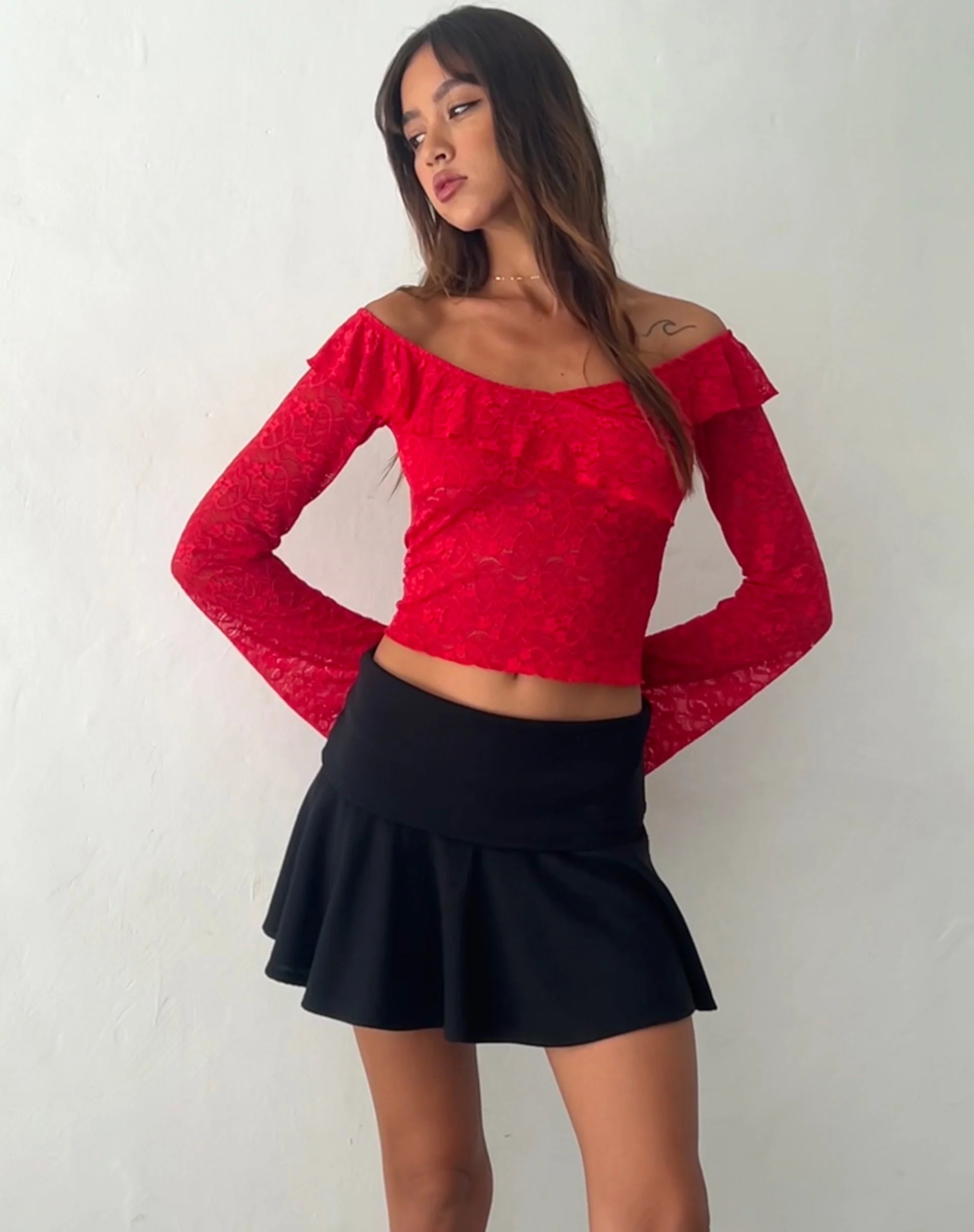 Soka Bardot Frill Top in Red Lace - Image 4