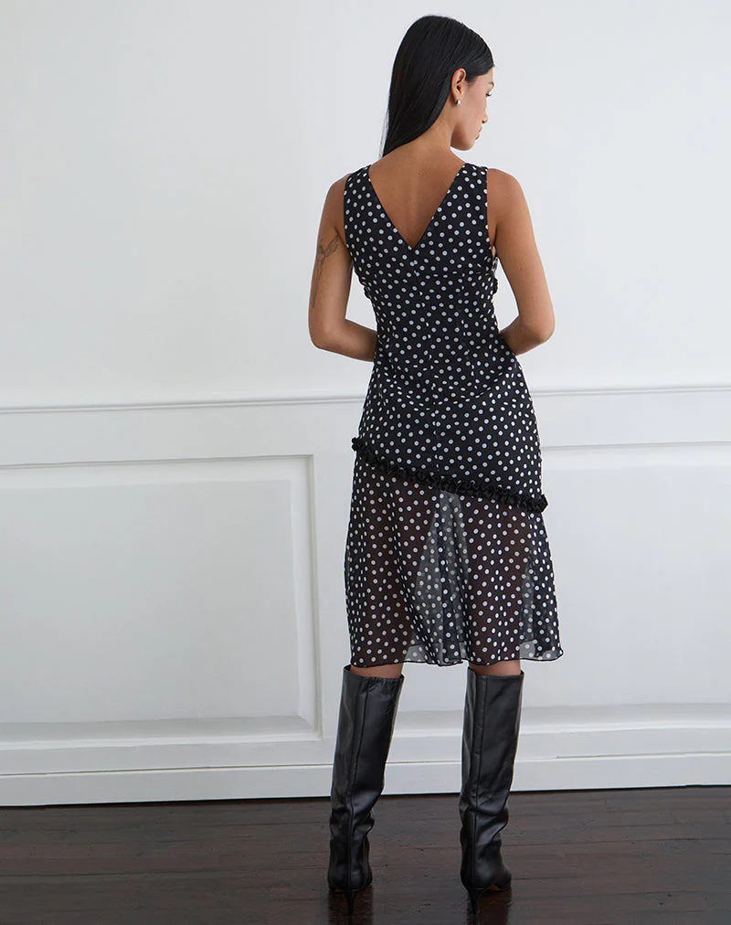Sovira Midi Dress in Chiffon Black with Tiny Polka Print - Image 5