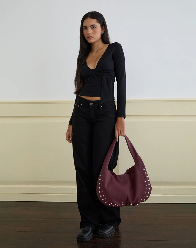 Studded Slouch Bag in Burgundy - Image 2