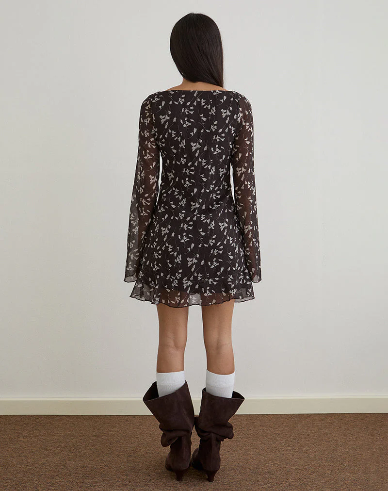 Sumiko Mini Dress in Flower Chiffon Brown - Image 4