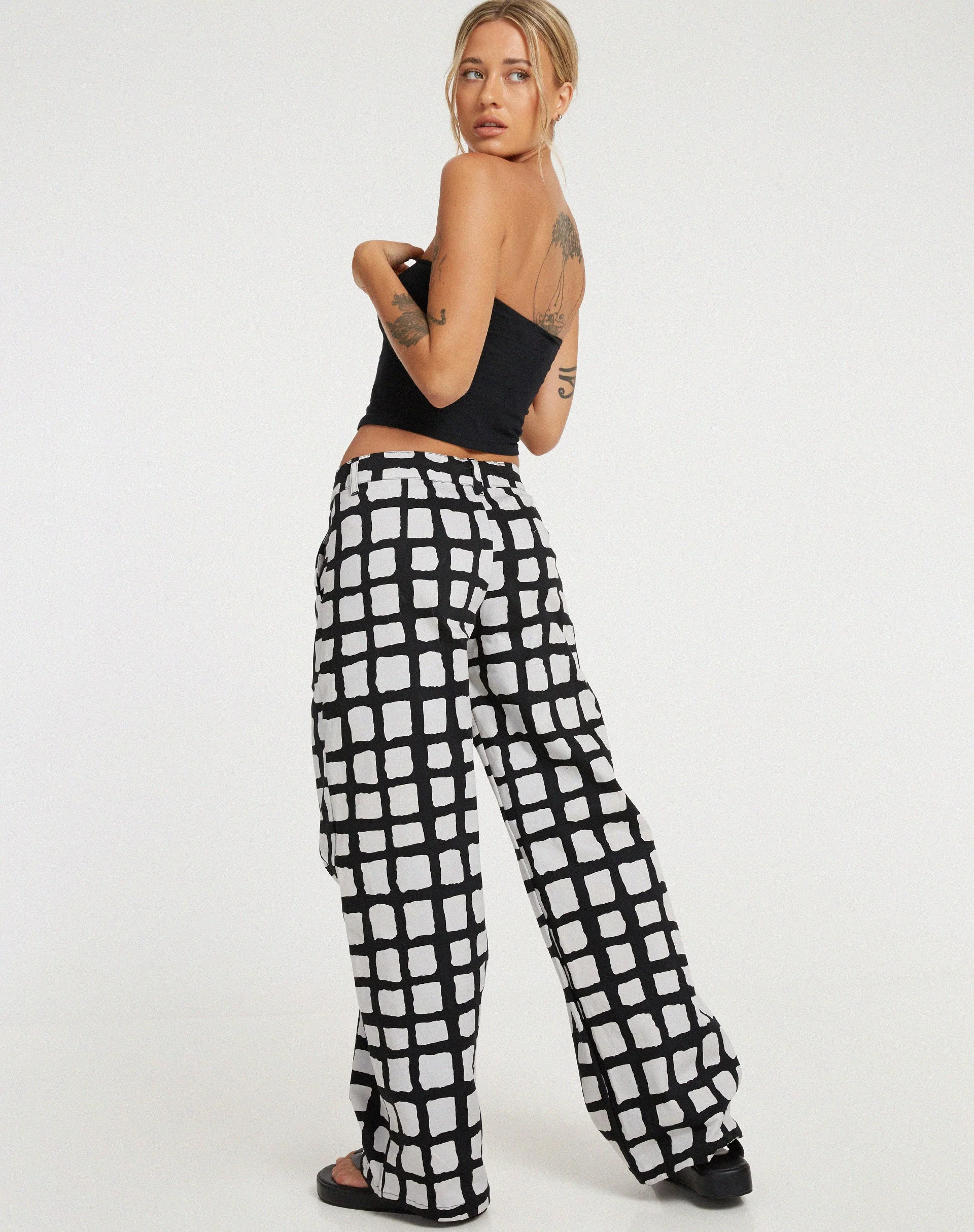 Suri Wide Leg Trousers in Mono Painted Check Black - Image 2