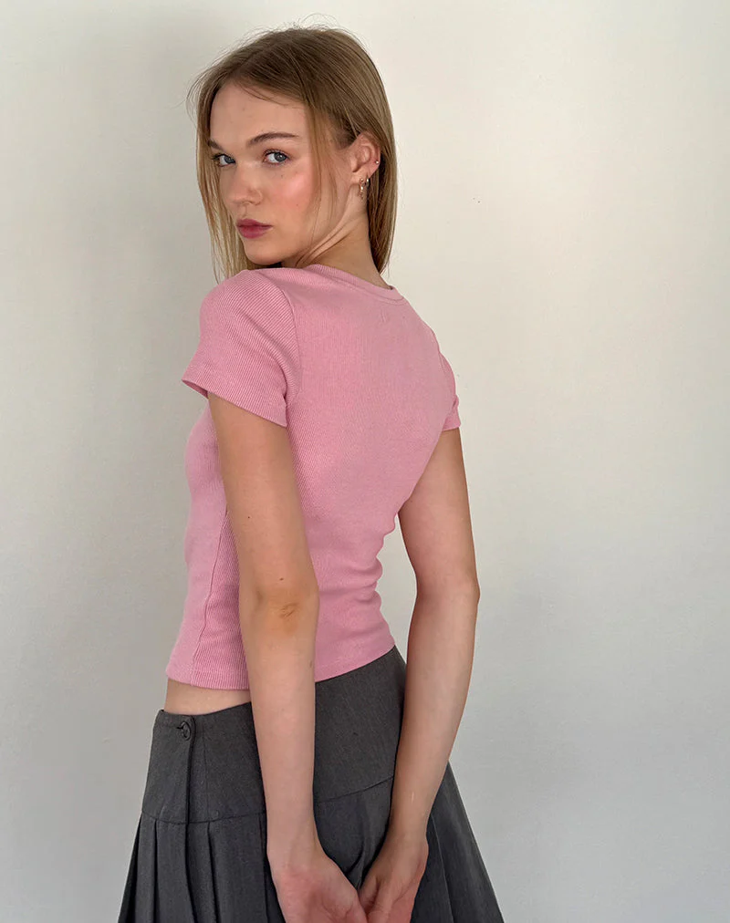 Suti Ribbed Tee in Flamingo Pink with White Bow Embroidery - Image 4
