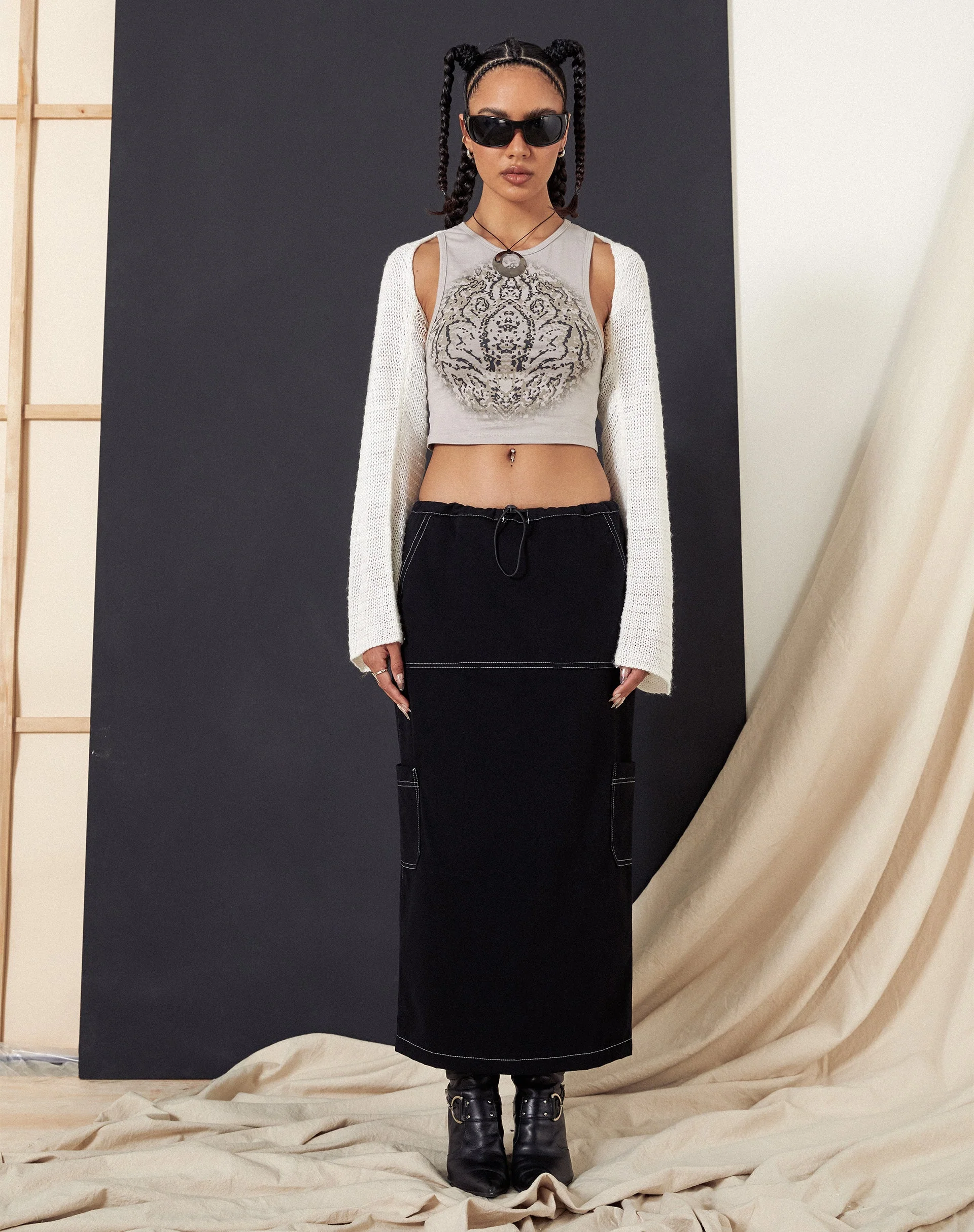 Swari Midi Cargo Skirt in Black - Image 2