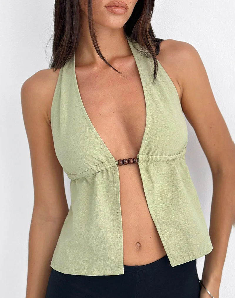 Syrma Backless Halter Top in Linen Sage Green - Image 2