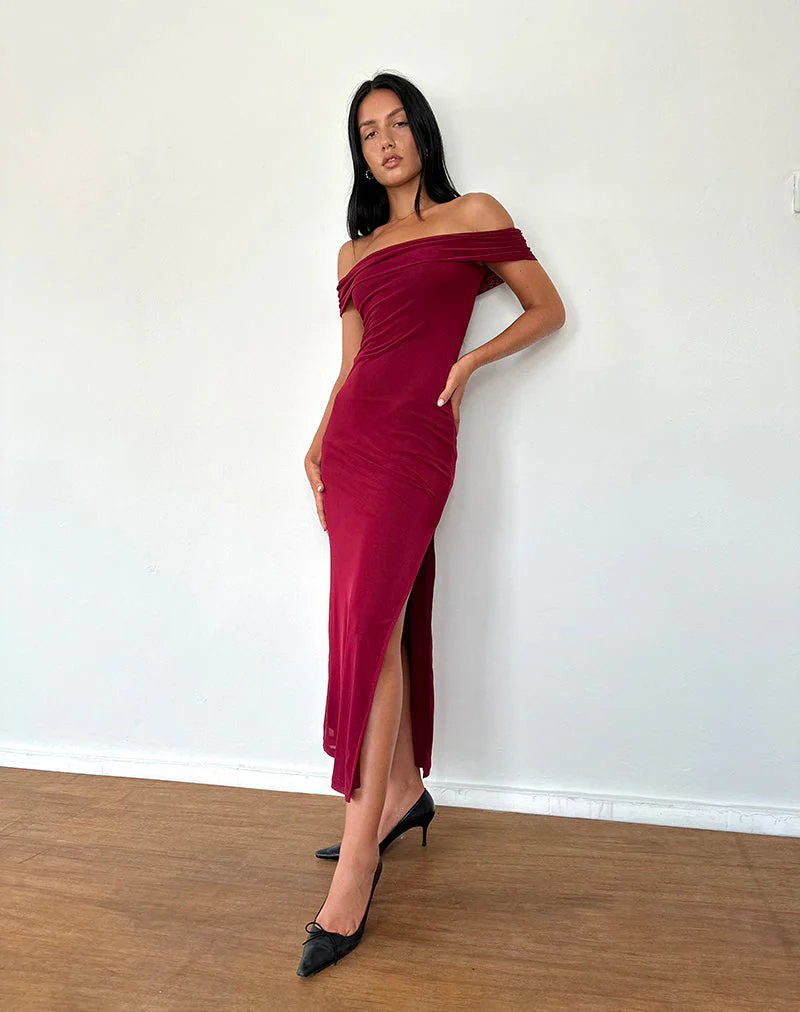Tarna Bardot Maxi Dress in Mesh Burgundy - Image 4