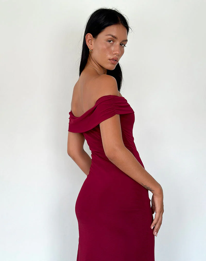 Tarna Bardot Maxi Dress in Mesh Burgundy - Image 5
