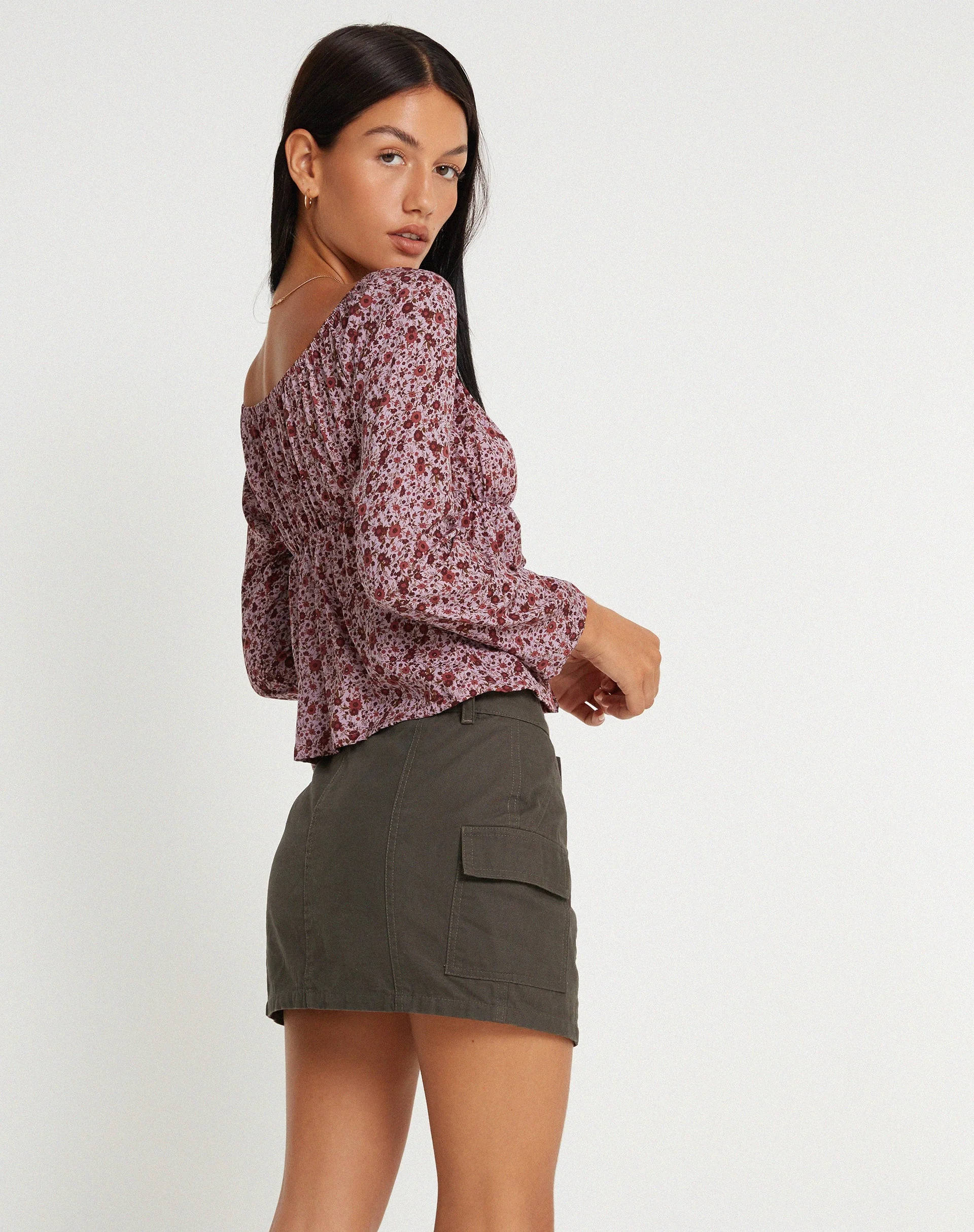 Thena Long Sleeve Top in 90's Floral Burgundy - Image 3
