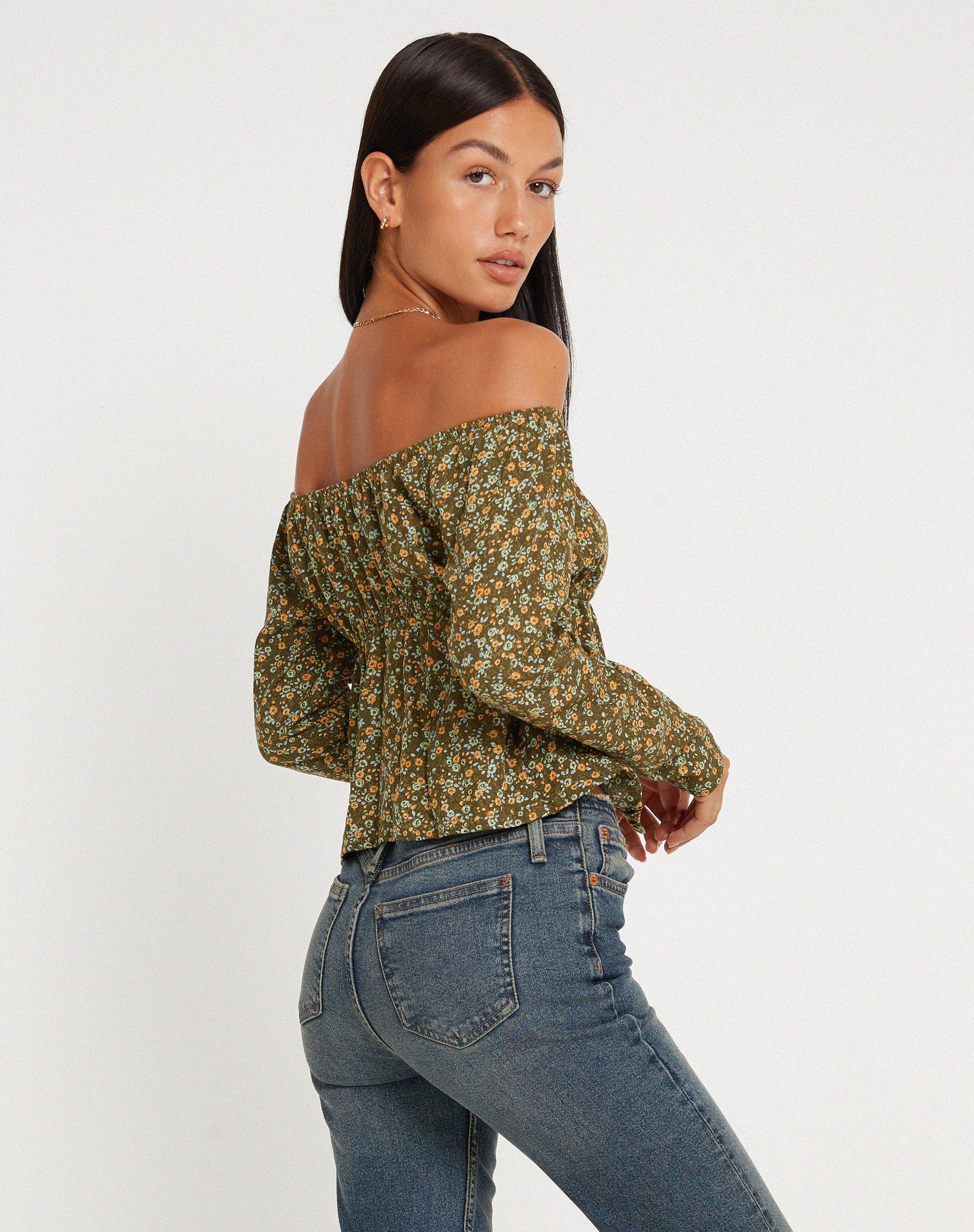 Thena Long Sleeve Top in Grungey Floral Khaki - Image 3