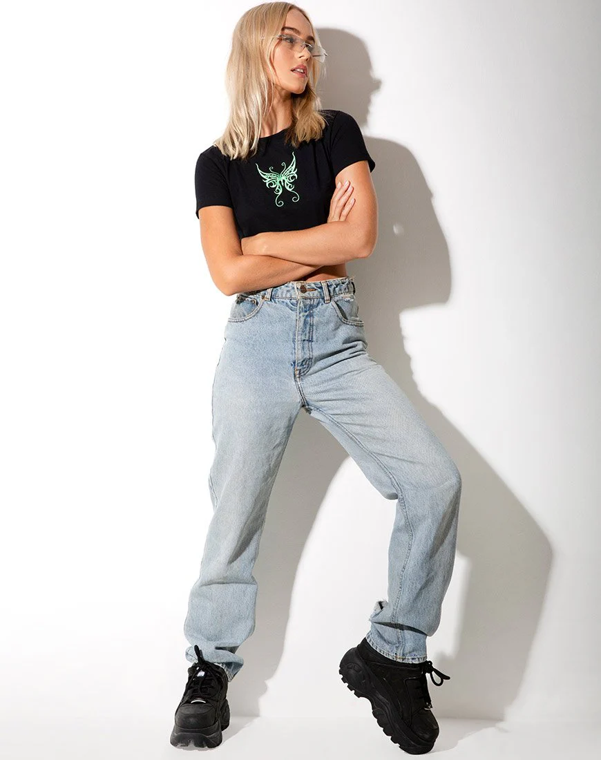 Tindy Crop Top in Black with Butterfly Green Embro - Image 3