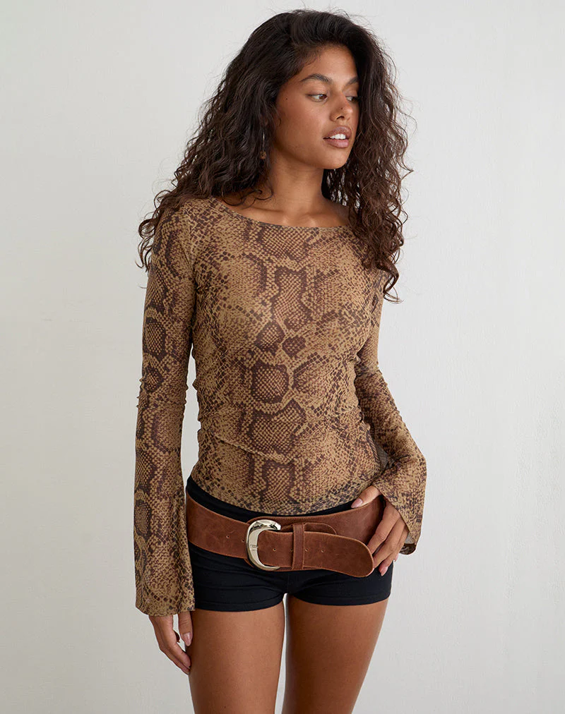 Tineko Long Sleeve Top in Snake Skin Brown - Image 3