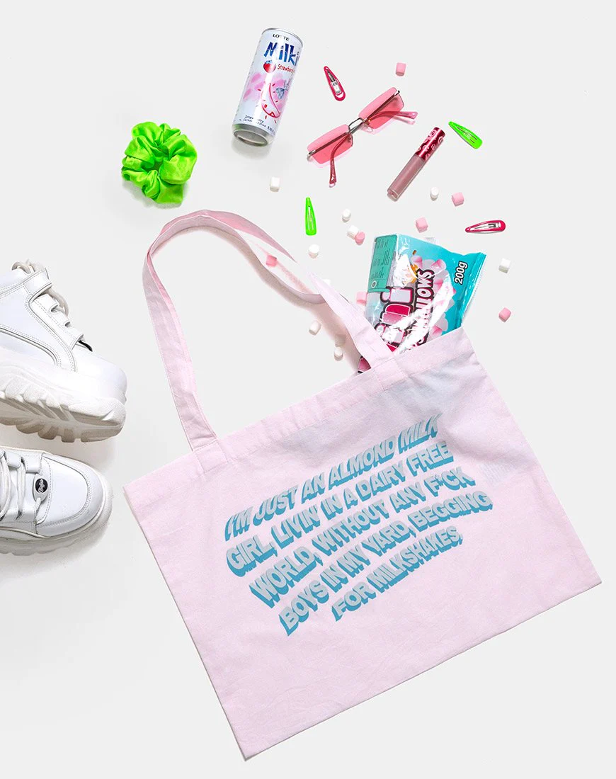 Tote Bag in Soft Pink with Almond Milk Girl Text X Top Girl