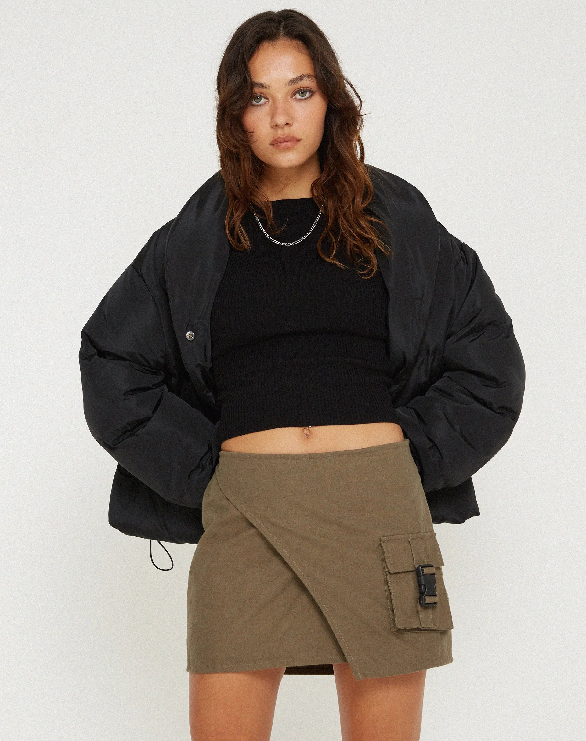 Trin Low Waisted Mini Skirt in Military Khaki - Image 5