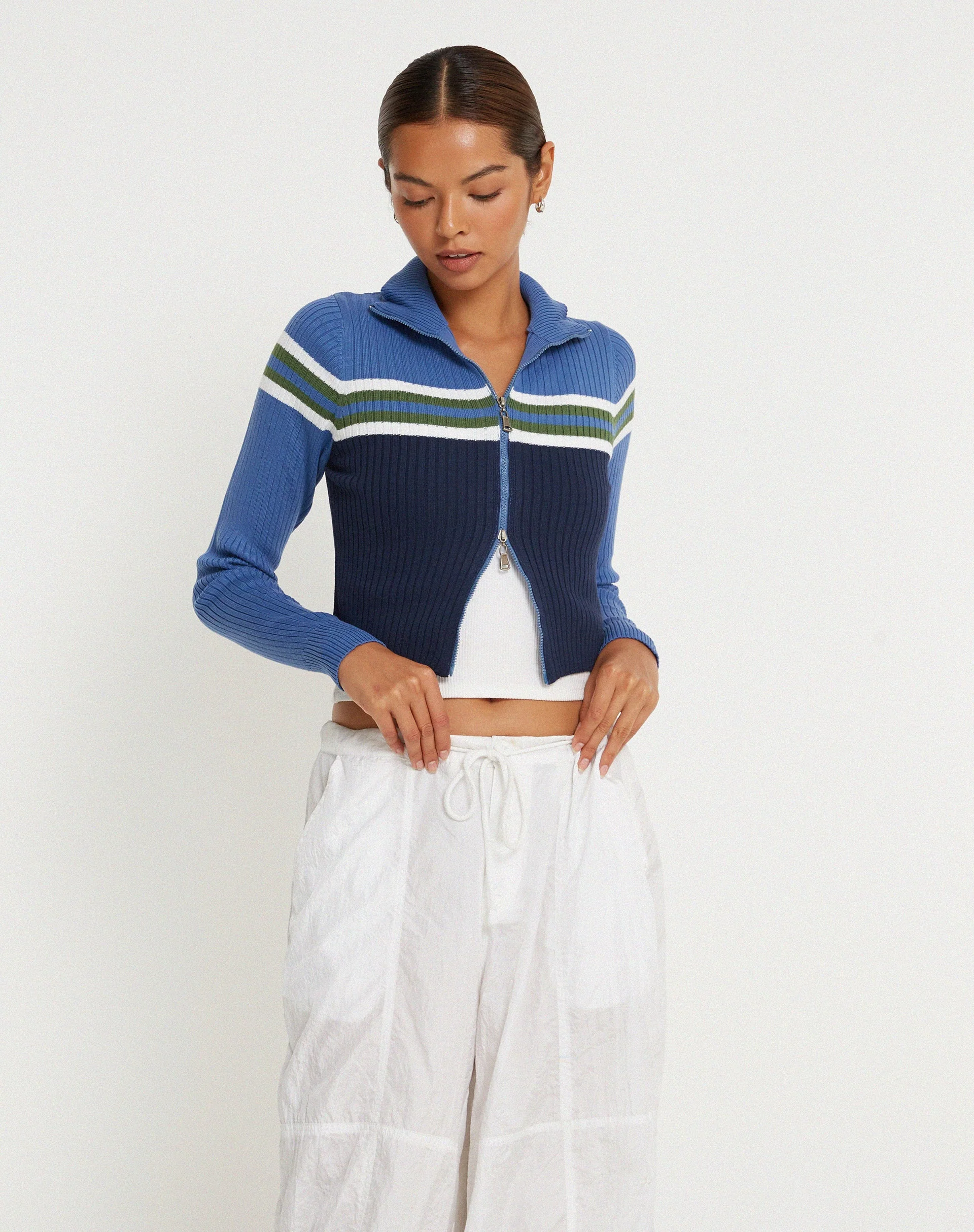 Tuzifa Cropped Knit Jumper in Navy Green and Blue - Image 3