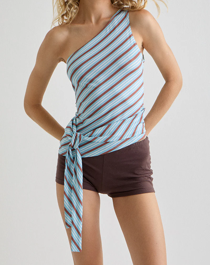 Uberta Asymmetric Tie Top in Diagonal Stripe Light Blue - Image 2