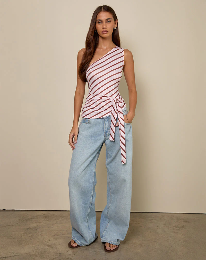 Uberta Asymmetric One Shoulder Tie Top in Diagonal Stripe Pink - Image 3