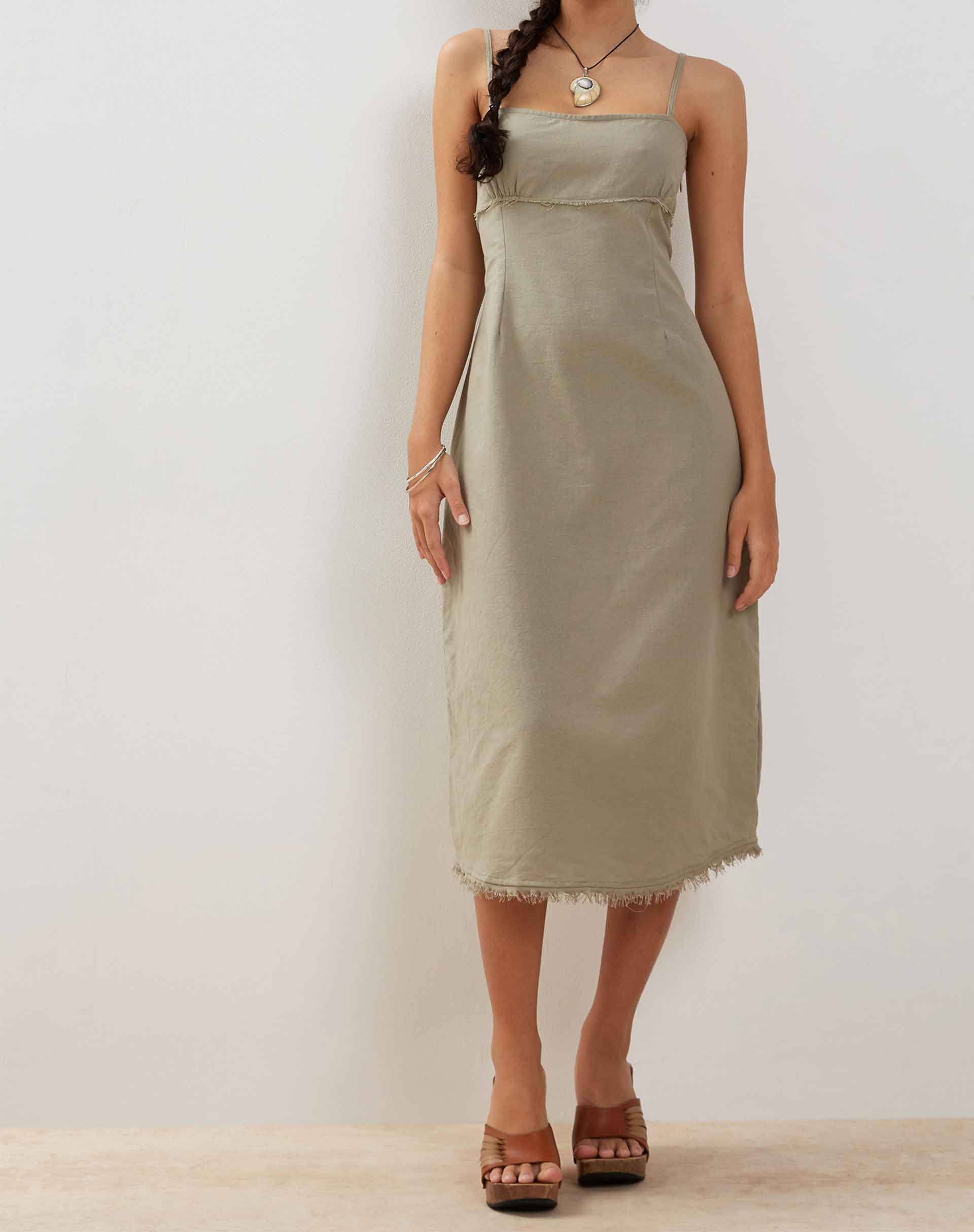 Una Distressed Hem Midi Slip Dress in Slate Green Linen - Image 2