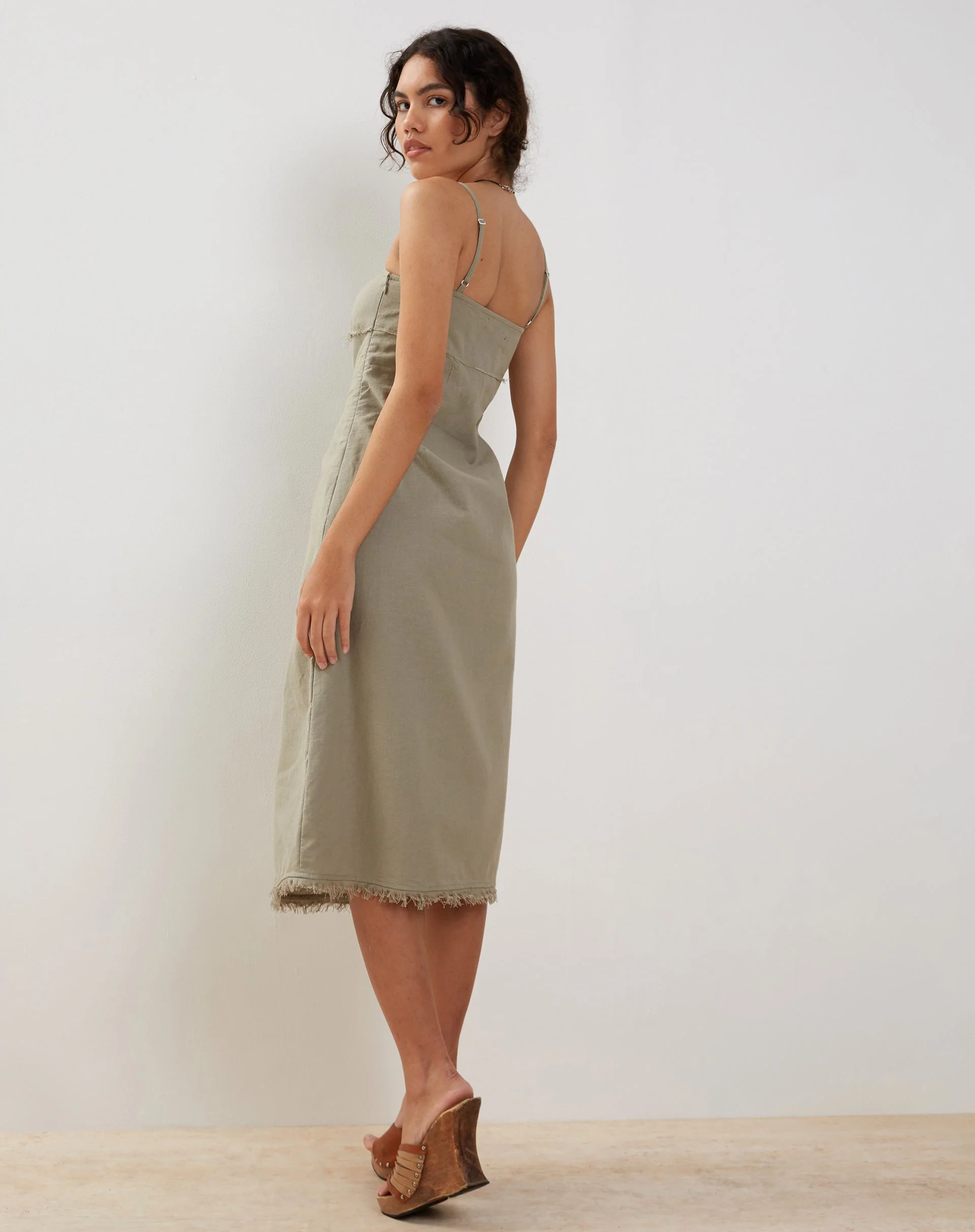 Una Distressed Hem Midi Slip Dress in Slate Green Linen - Image 3