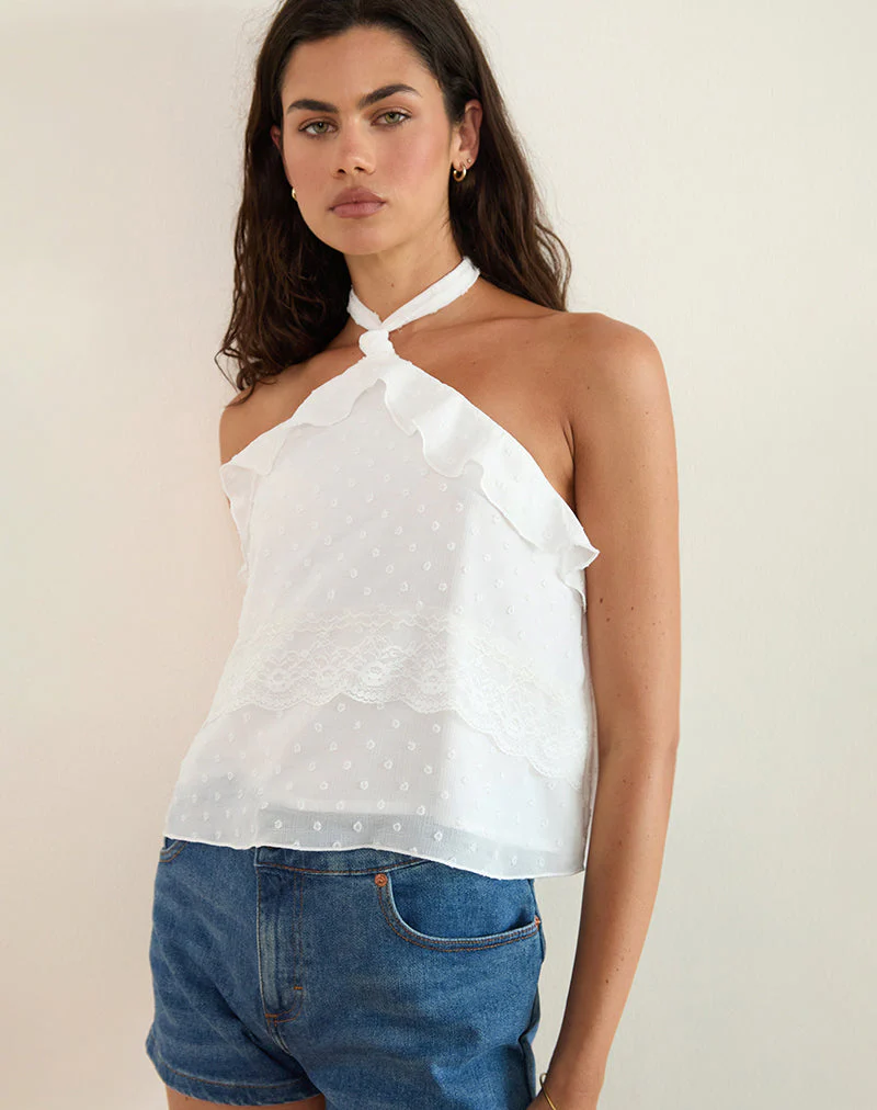 Uran Halterneck Top in Dobby Chiffon Lace White - Image 2