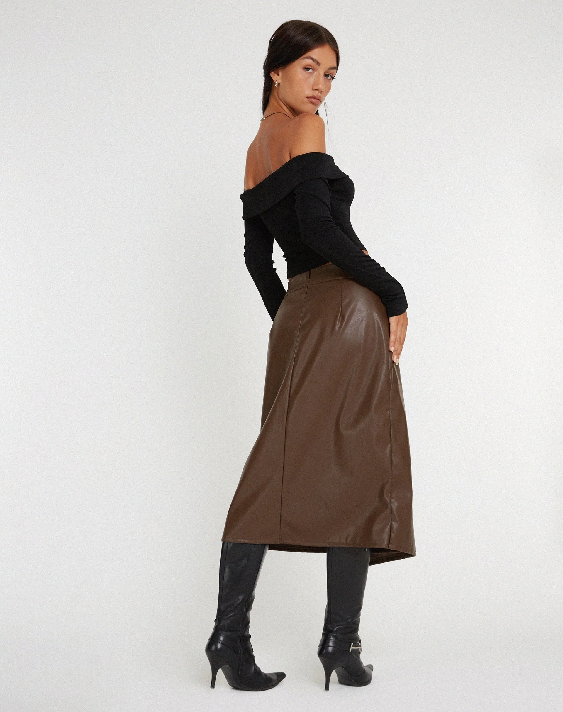 Utari Midi Skirt in PU Brown - Image 2