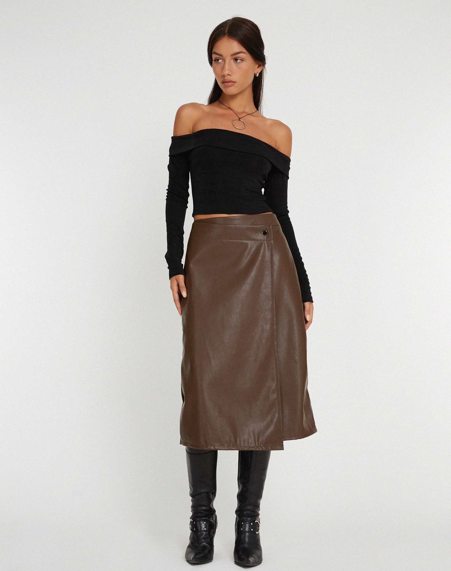 Utari Midi Skirt in PU Brown - Image 3