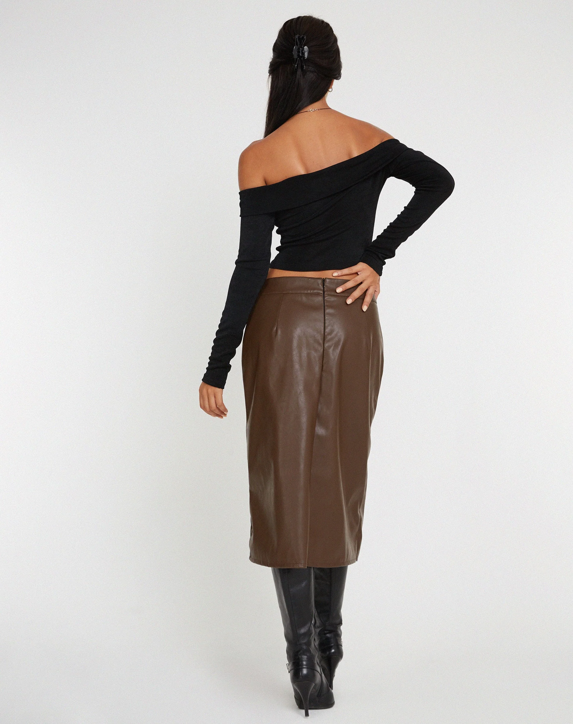 Utari Midi Skirt in PU Brown - Image 4