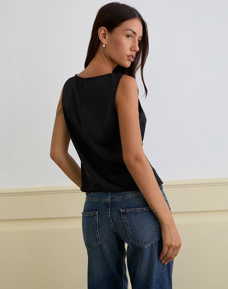 Valeska Lace Insert Top in Satin Black - Image 4