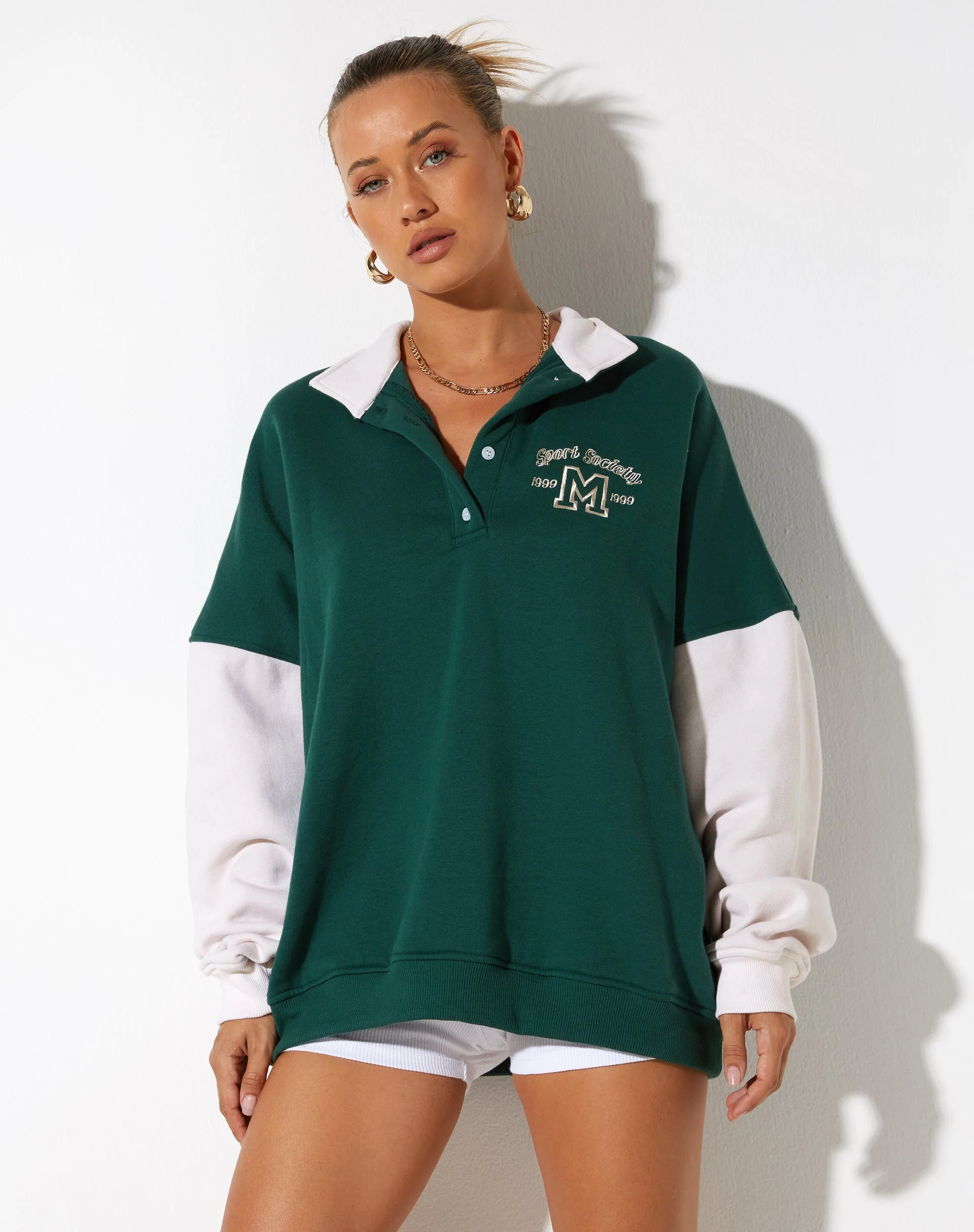 Varsity Oversized Jacket in Forest Green Winter White Sport Society