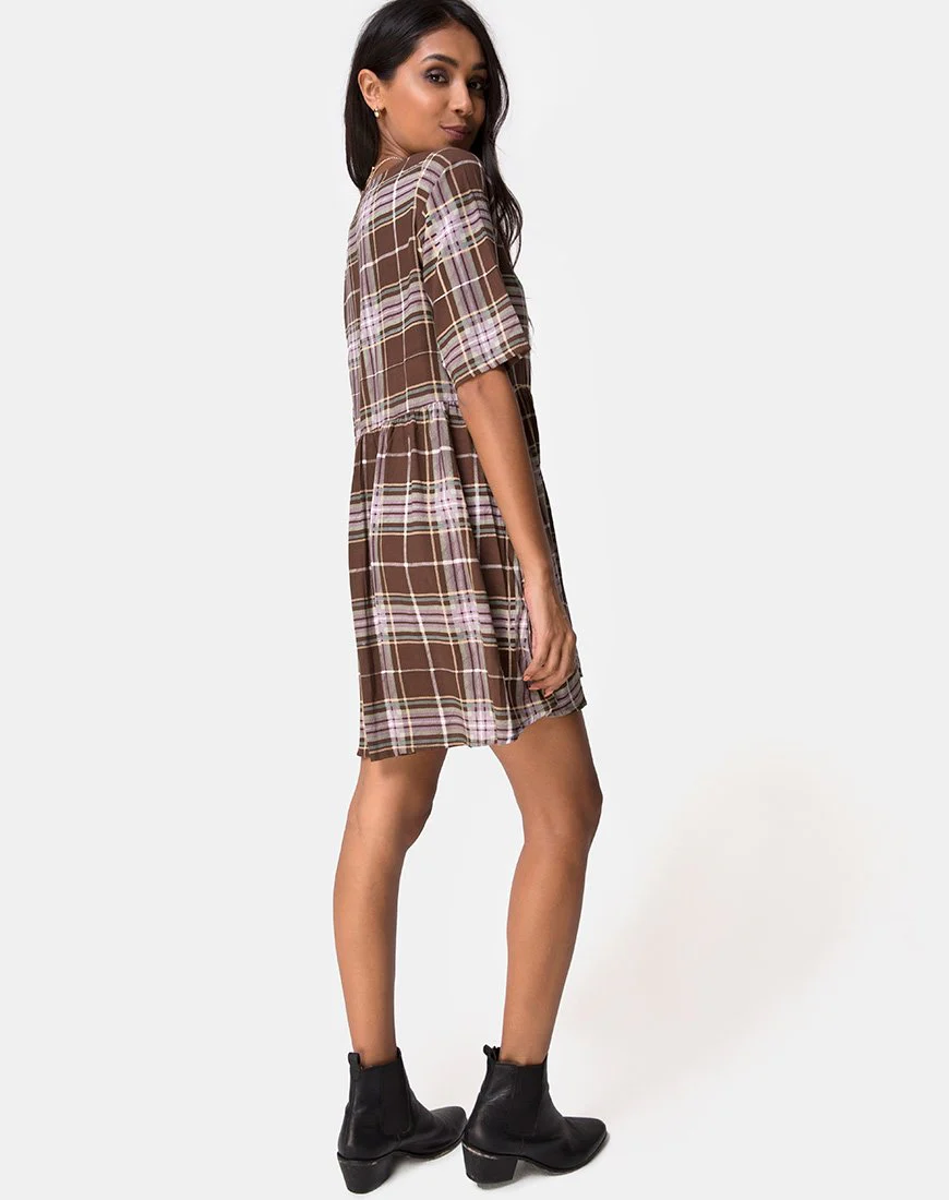 Verren Babydoll Dress in Tartan Brown - Image 4