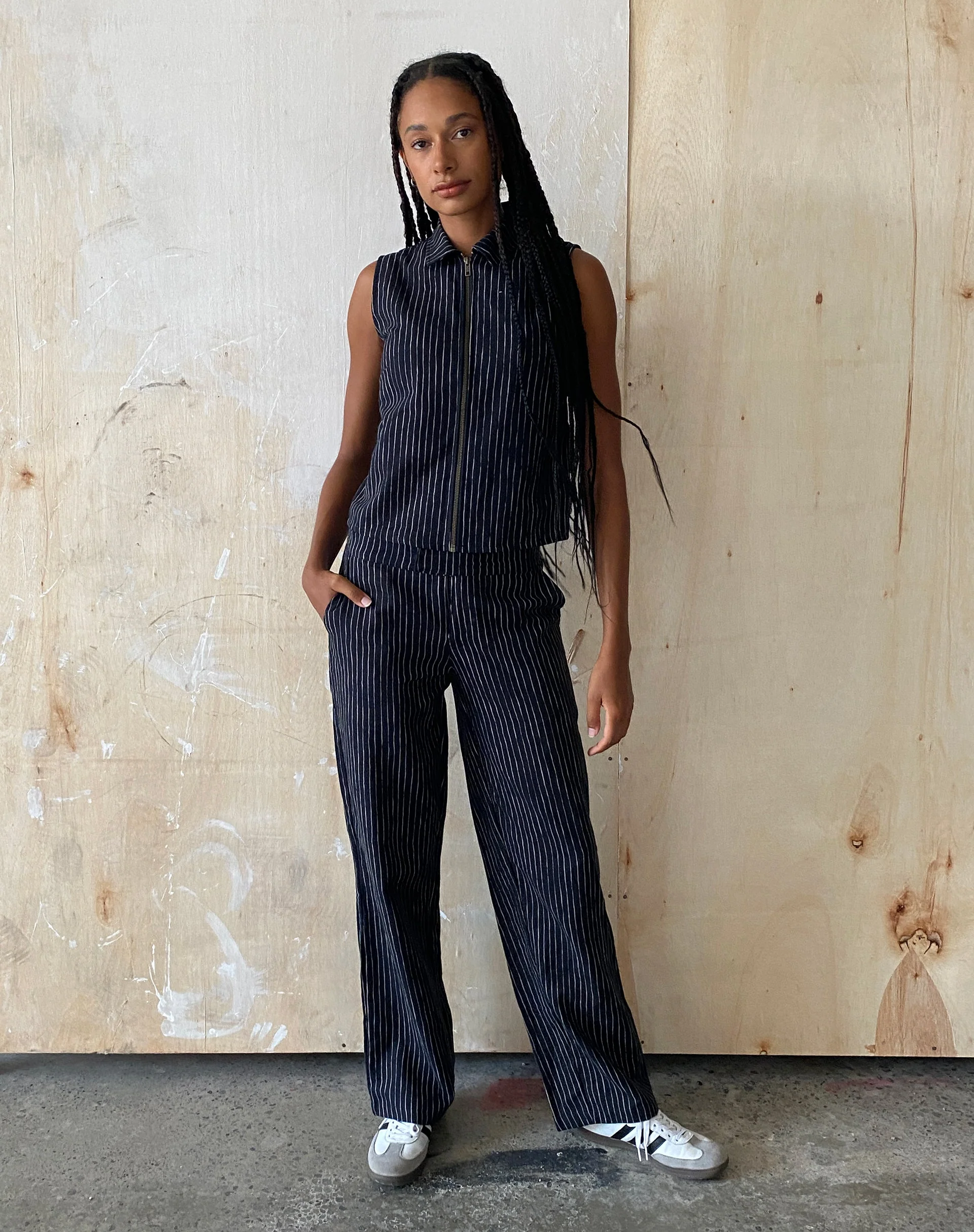 MOTEL X JACQUIE Virago Zip Up Sleeveless Jacket in Sketchy Stripe Black - Image 4