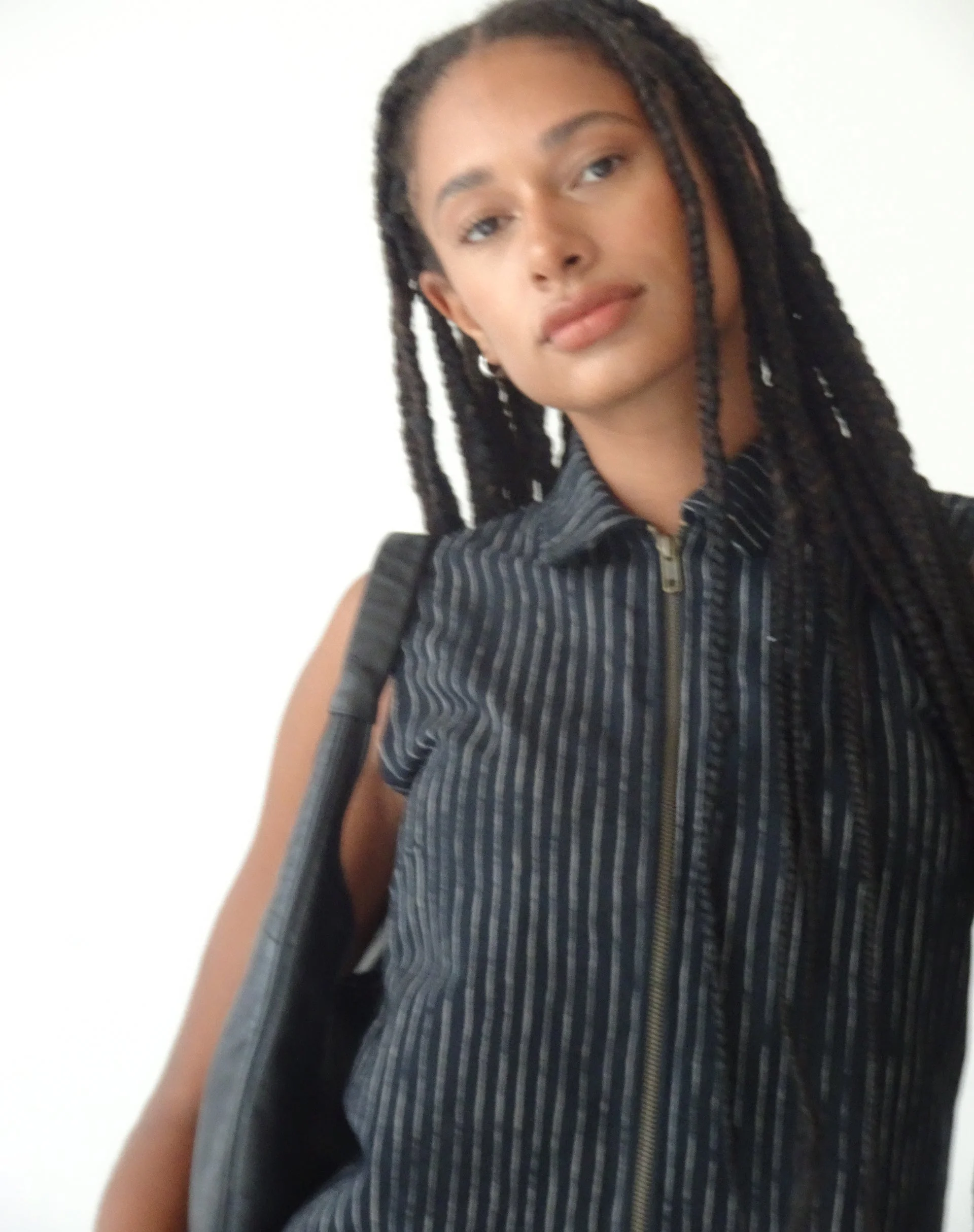 MOTEL X JACQUIE Virago Zip Up Sleeveless Jacket in Sketchy Stripe Black - Image 5