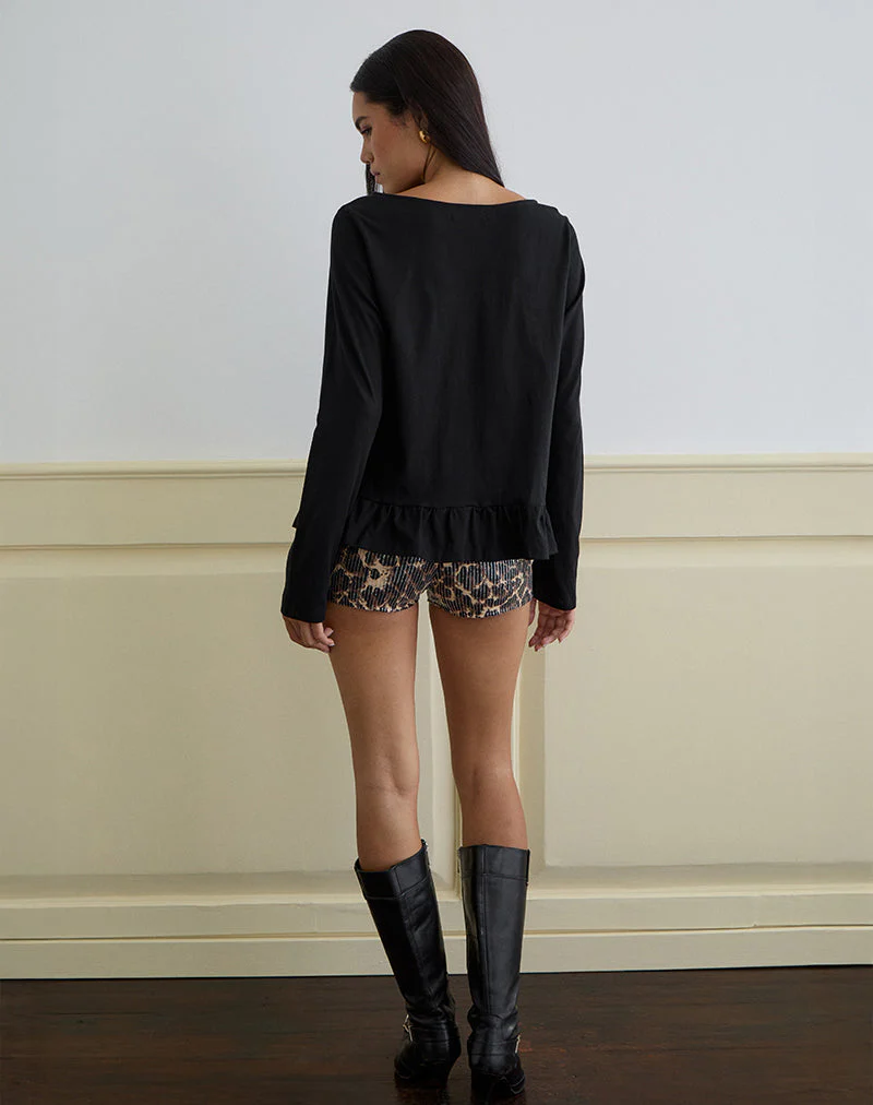 Vivala Boxy Long Sleeve Top in Black with Frill Hem - Image 4