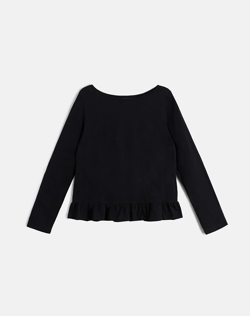 Vivala Boxy Long Sleeve Top in Black with Frill Hem - Image 5