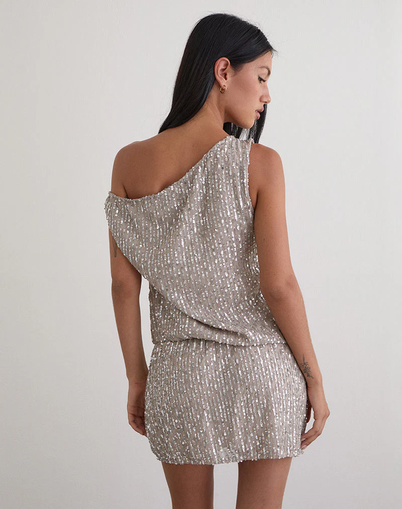 Vora One Shoulder Mini Dress in Sequin Nude - Image 6