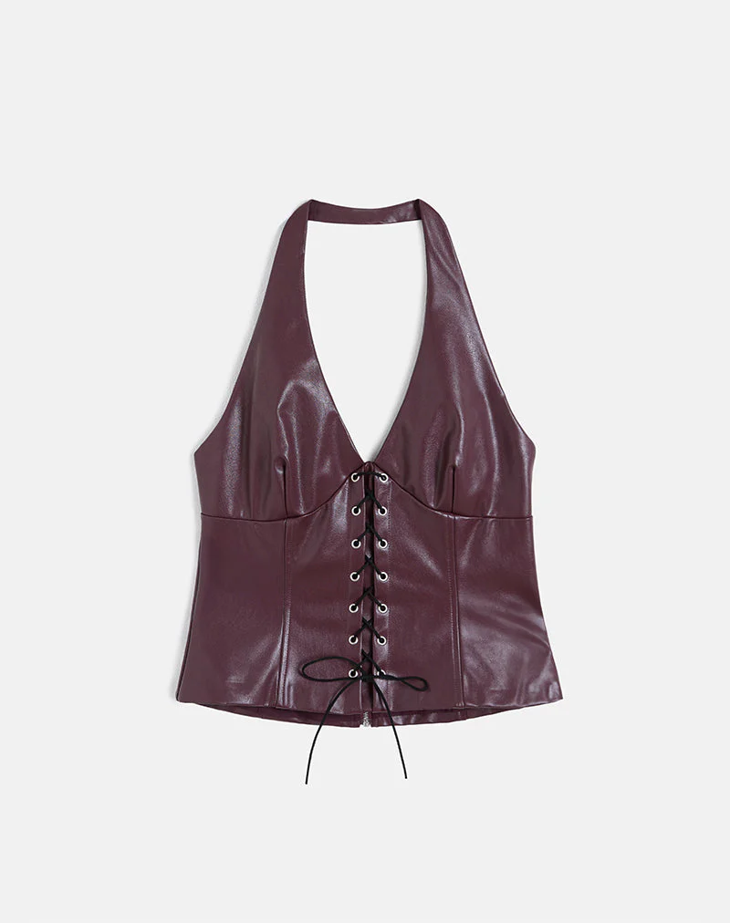 Wahya Lace Up Halter Top in PU Plum - Image 4