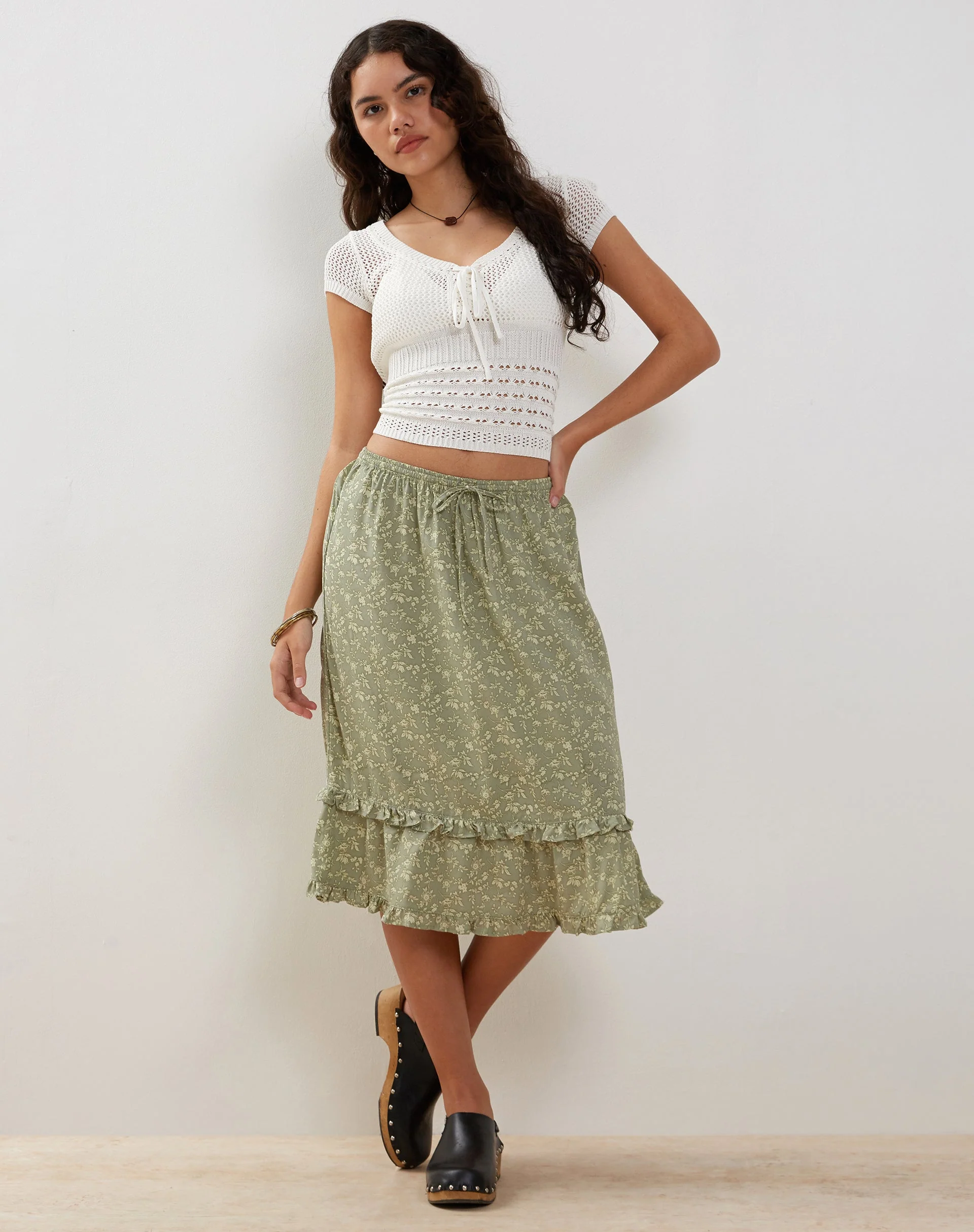 Wala Midi Skirt in Ditsy Floral Green - Image 3