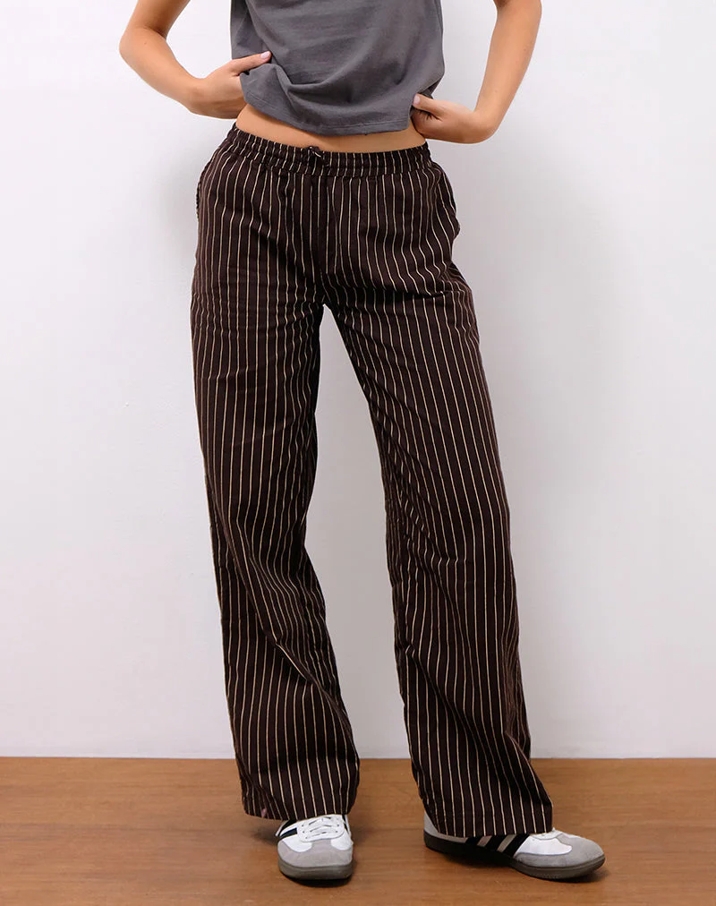 Wasic Wide Leg Linen Trousers in Deep Mahogany Pencil Stripe - Image 5