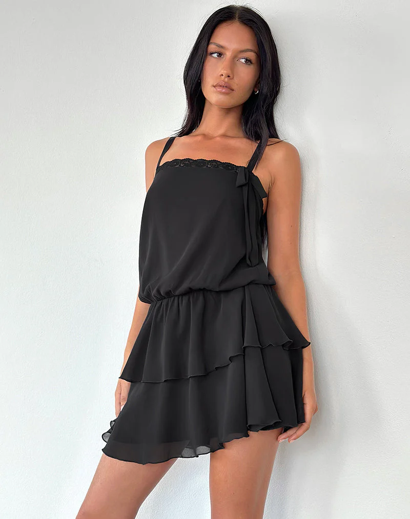 Wasinah Mini Dress in Black Chiffon with Lace Trim - Image 5