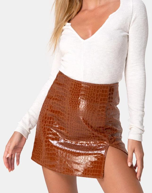 Wren Mini Skirt in PU Croco Brown - Image 4