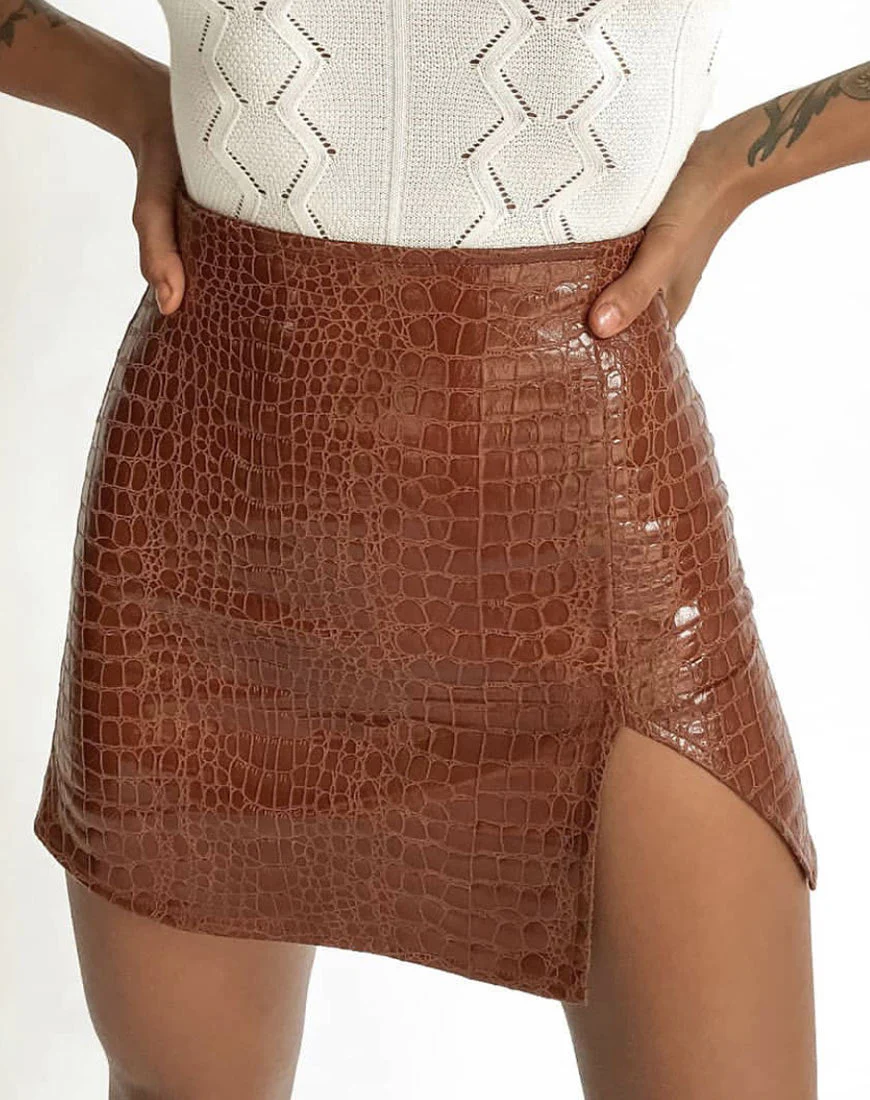 Wren Mini Skirt in PU Croco Brown - Image 6