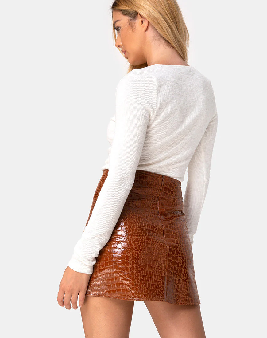 Wren Mini Skirt in PU Croco Brown - Image 7