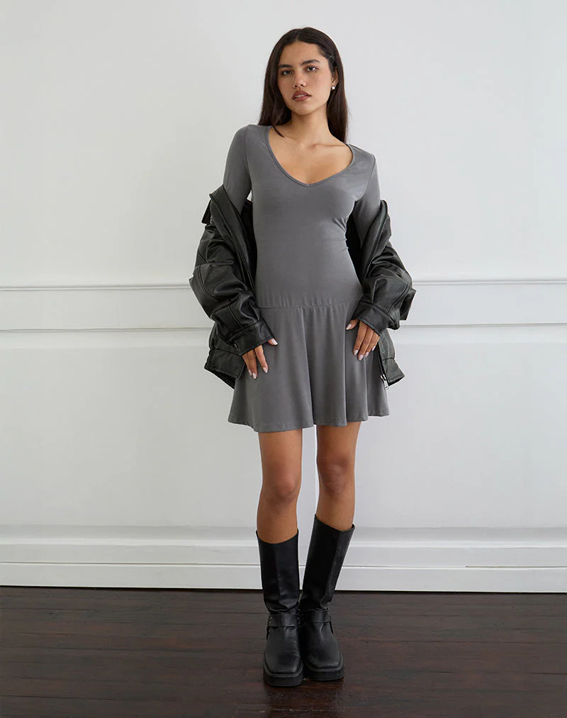Yauri Long Sleeve Mini Dress in Cupro Grey - Image 5