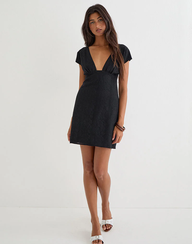Yenna Plunge Mini Dress in Floral Lace Black - Image 2